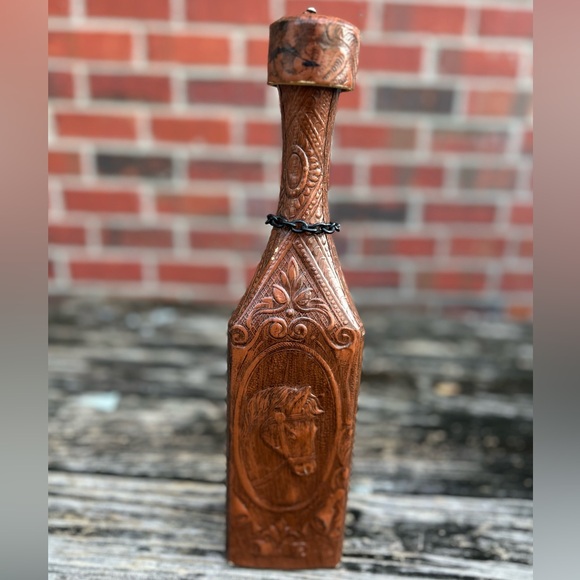 Tall Embossed Leather Wrapped Triangle Shaped Bottle Decanter Made in Spain - Picture 2 of 6